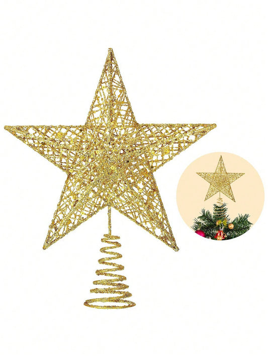 Christmas Tree Toppers Christmas Glitter Gold Hollow Pentagram Shaped Tree Toppers For Christmas Tree Decorations.