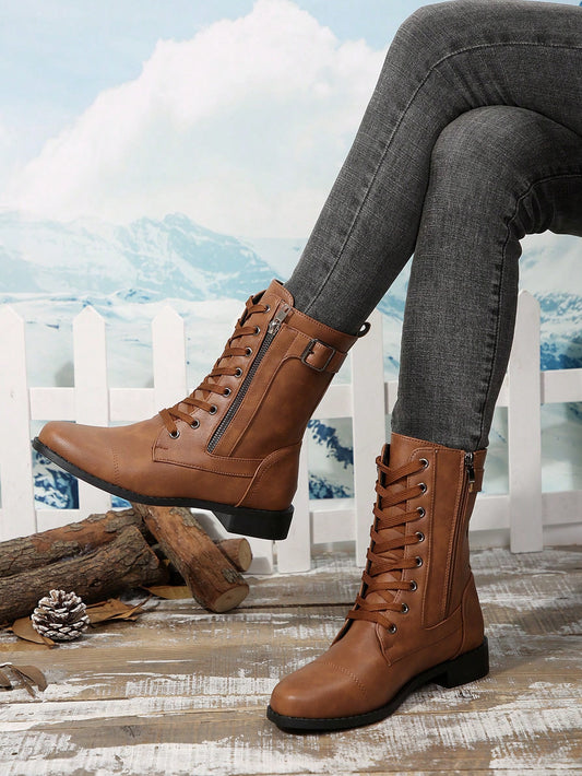 Perfect With Dresses For Women,New Fashion Brown Chunky Heel Mid-Calf Boots For Women