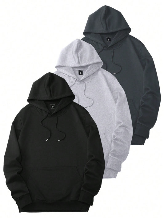 3 Packs Hoodies For Men, Casual Sports Fashion With Drawstring Kangaroo Pocket, Long Sleeve Pullover Sweatshirts, Black Light Grey Dark Grey