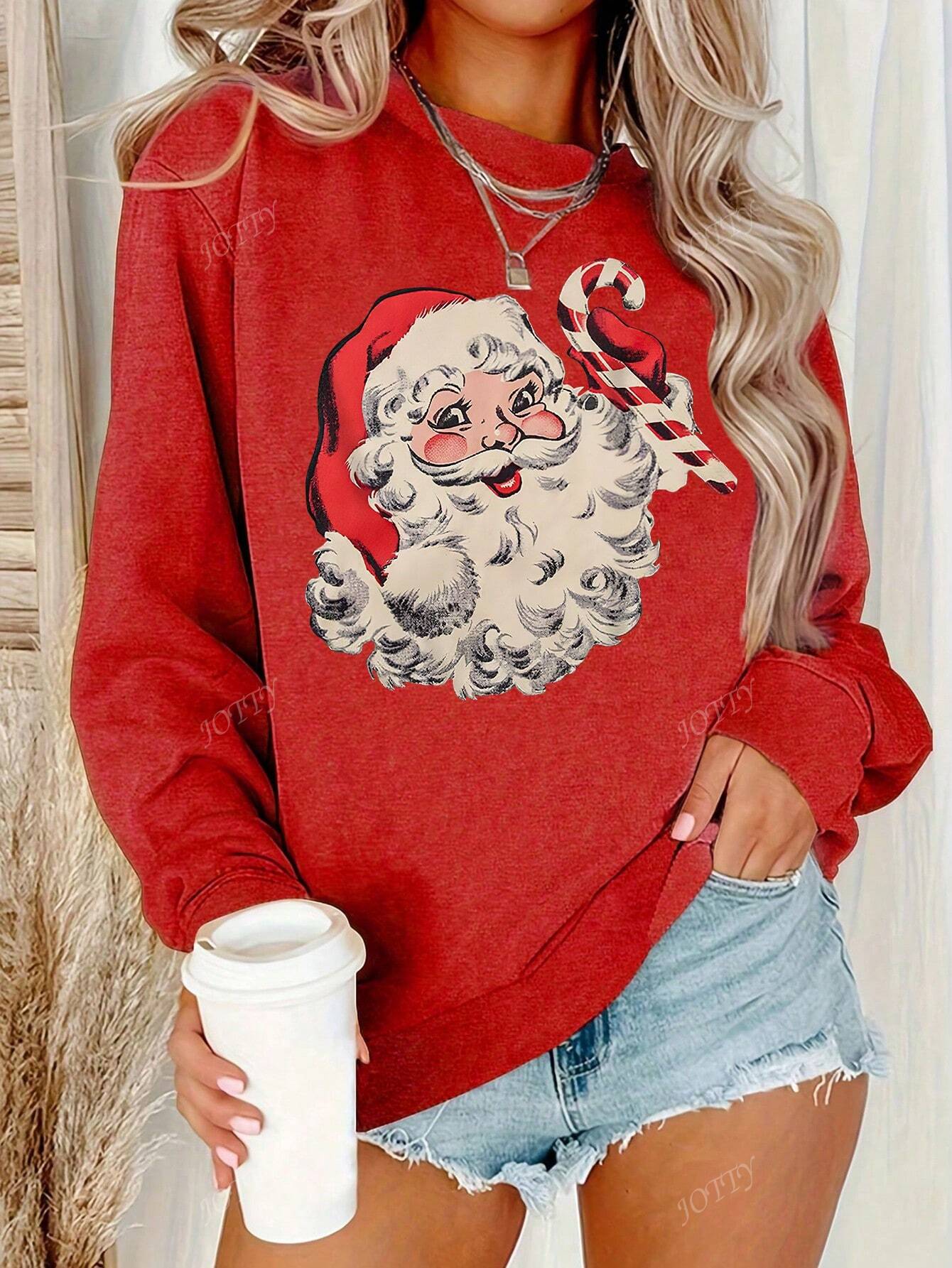 Christmas Santa Claus Printed Crew Neck Sweatshirt For Women