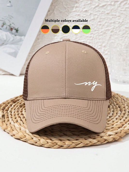 1pc Unisex NY Outdoor Sports Flowy Signature Adjustable Breathable Gift Casual Streetwear Polyester Print UV Protection Hard Top Baseball Cap, Spring Autumn