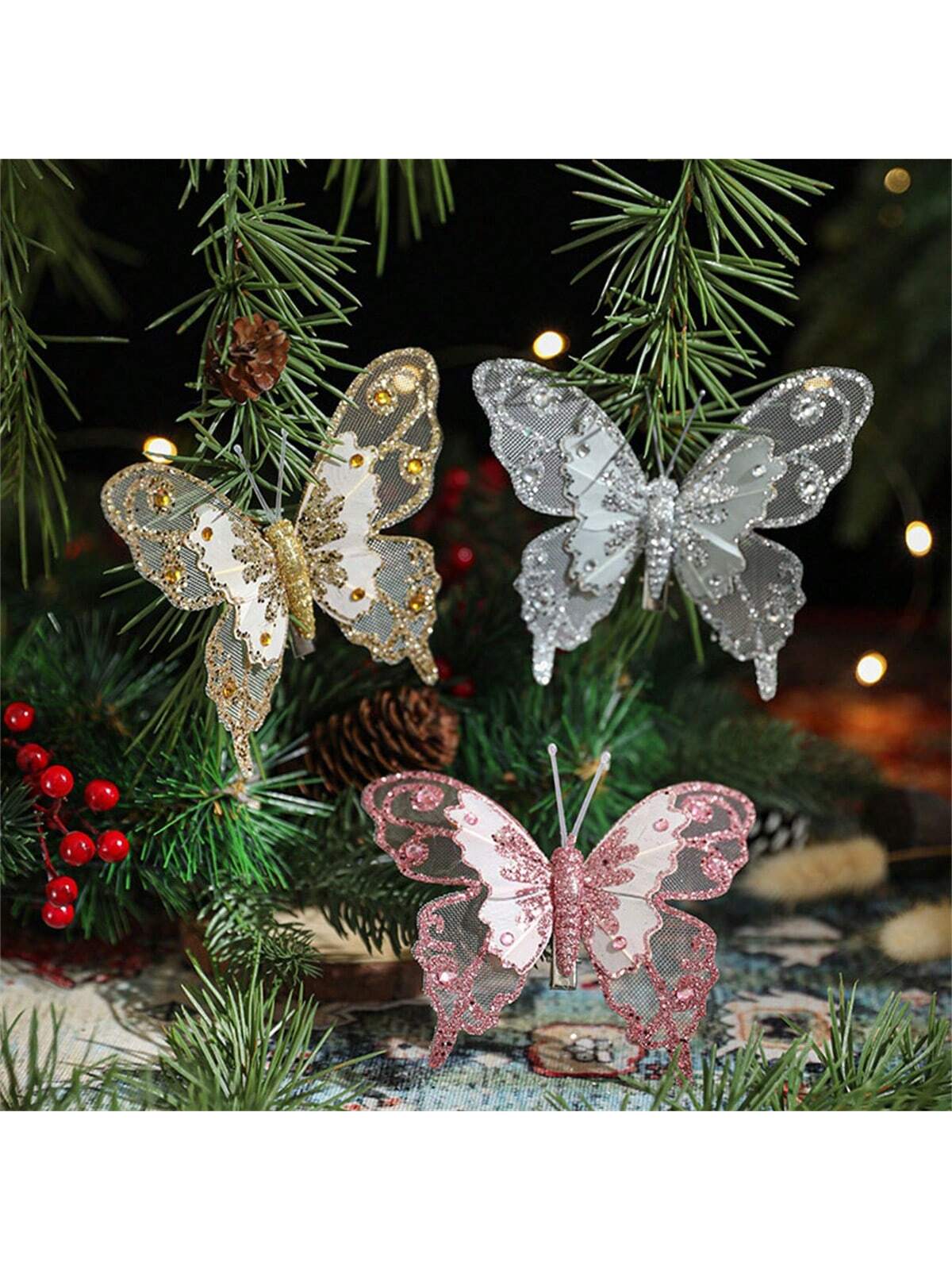 3pcs Christmas Decorative Glittering Butterfly Christmas Tree Hanging Ornaments, Atmosphere Scene Decor Accessories