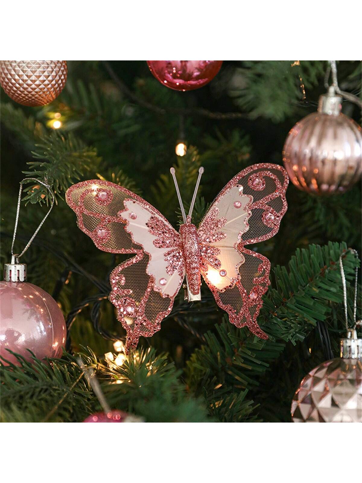 3pcs Christmas Decorative Glittering Butterfly Christmas Tree Hanging Ornaments, Atmosphere Scene Decor Accessories