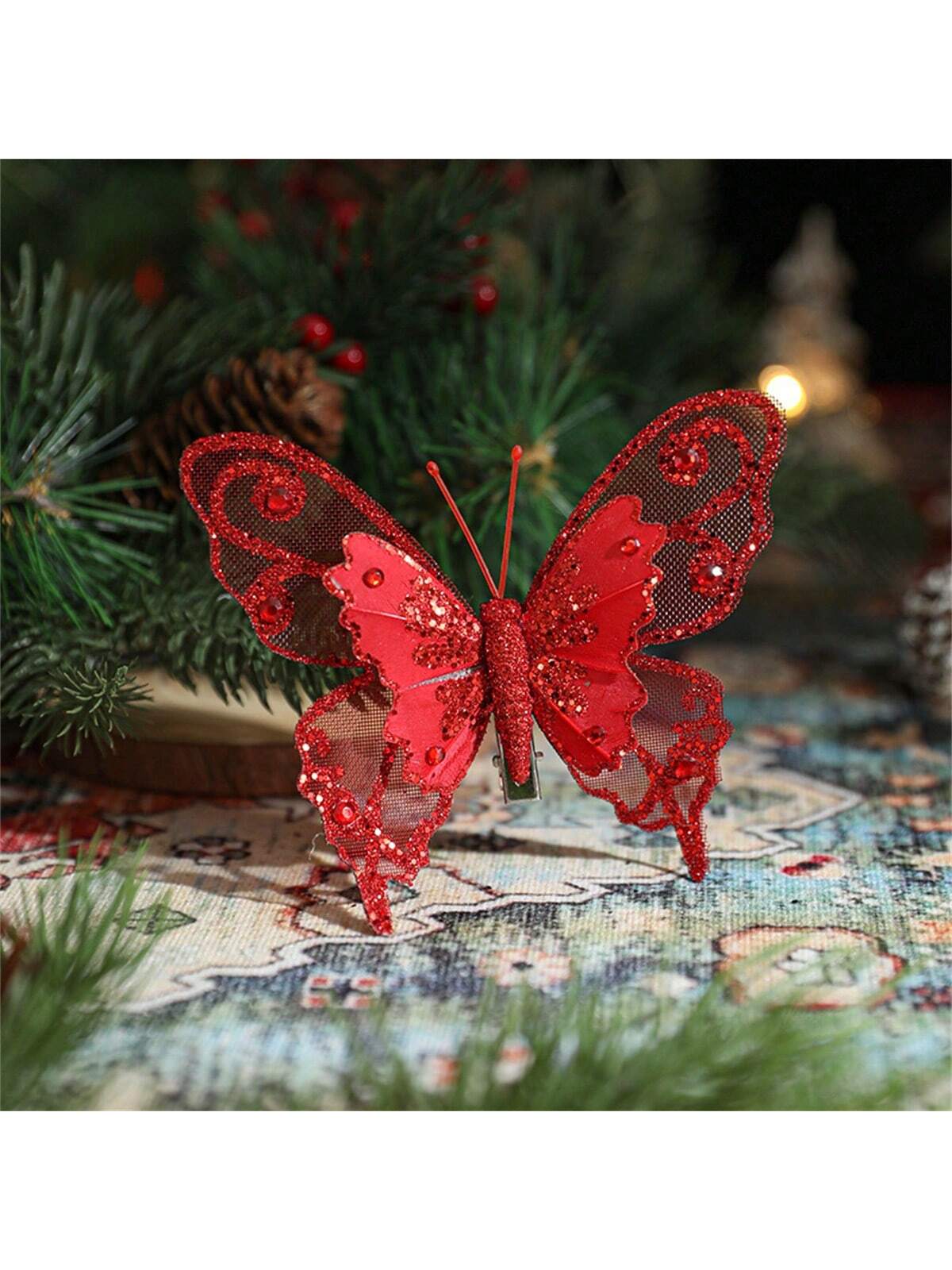 3pcs Christmas Decorative Glittering Butterfly Christmas Tree Hanging Ornaments, Atmosphere Scene Decor Accessories