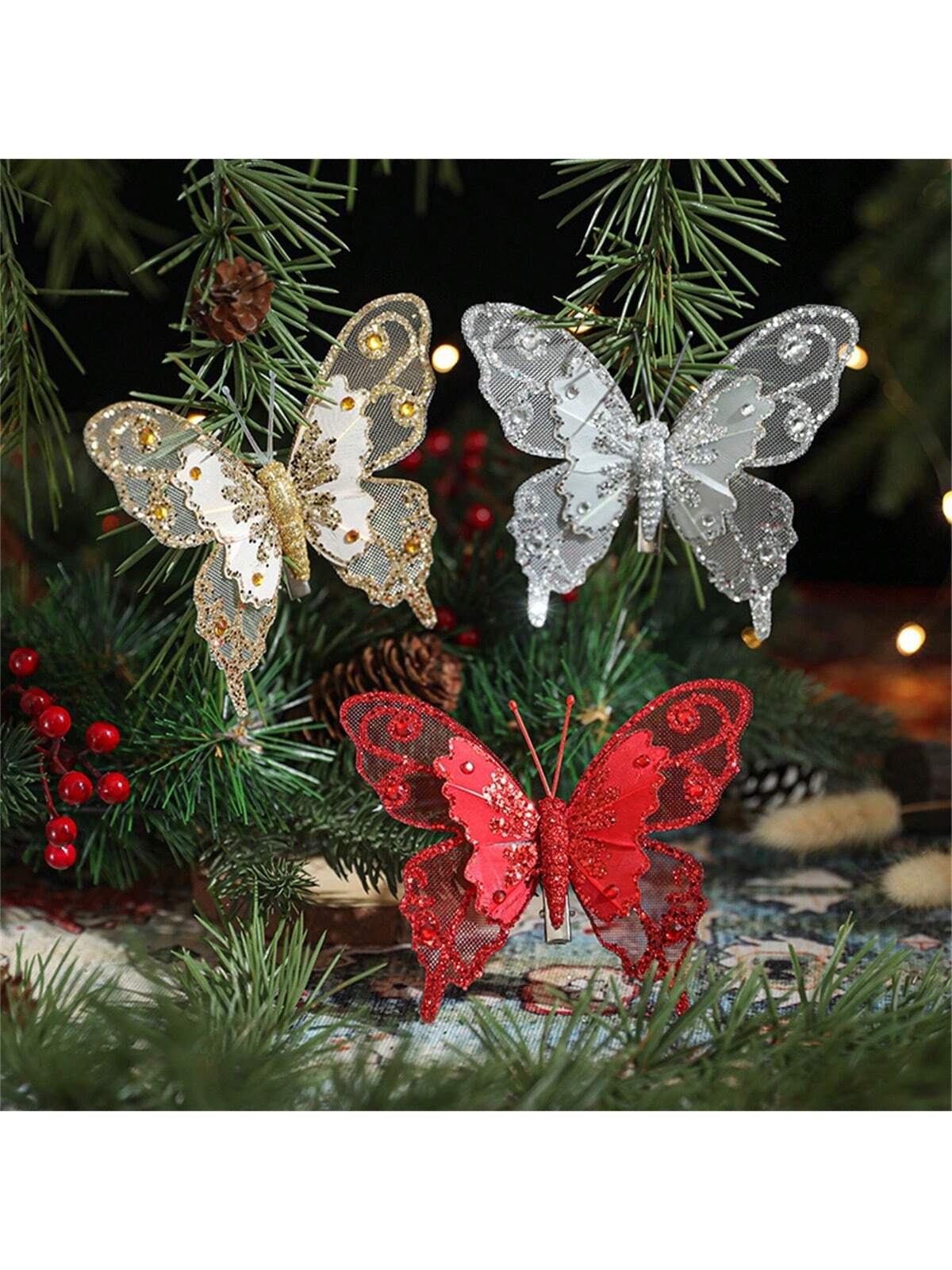 3pcs Christmas Decorative Glittering Butterfly Christmas Tree Hanging Ornaments, Atmosphere Scene Decor Accessories