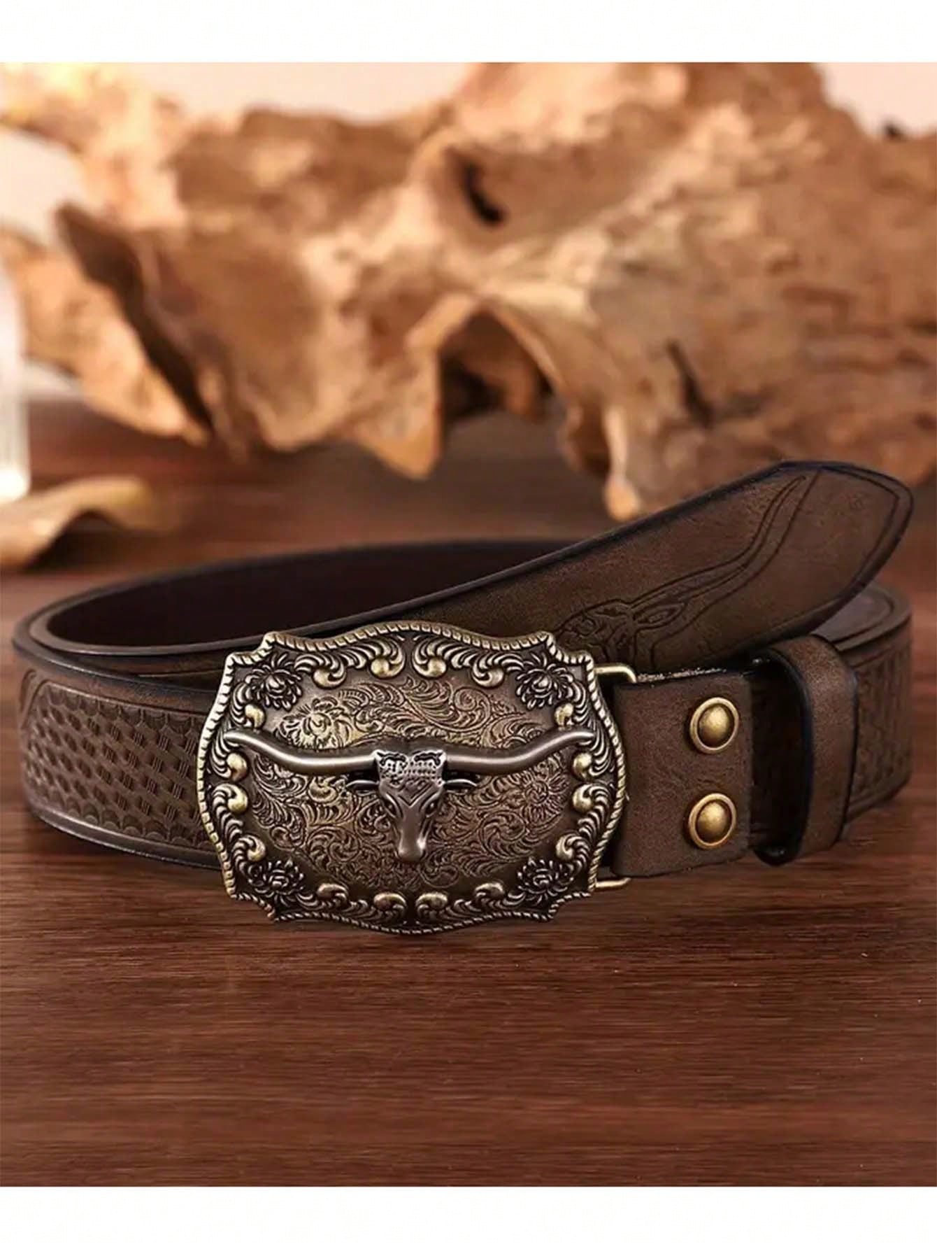 New Fashion Men Retro Faux Leather Buckle Animal Print Bohemian Style PU Belt, Versatile For 4 Seasons