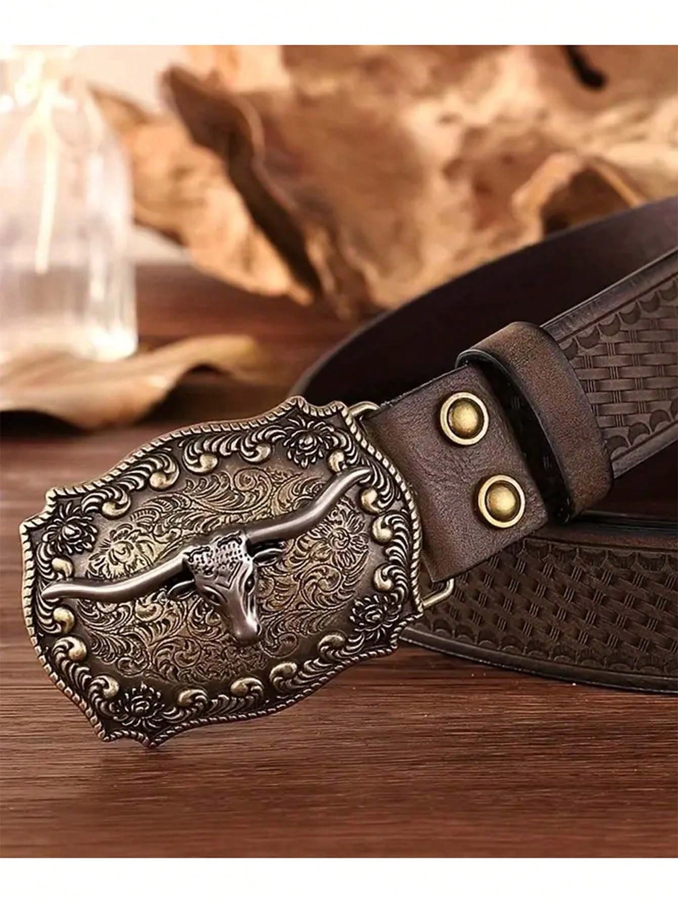 New Fashion Men Retro Faux Leather Buckle Animal Print Bohemian Style PU Belt, Versatile For 4 Seasons