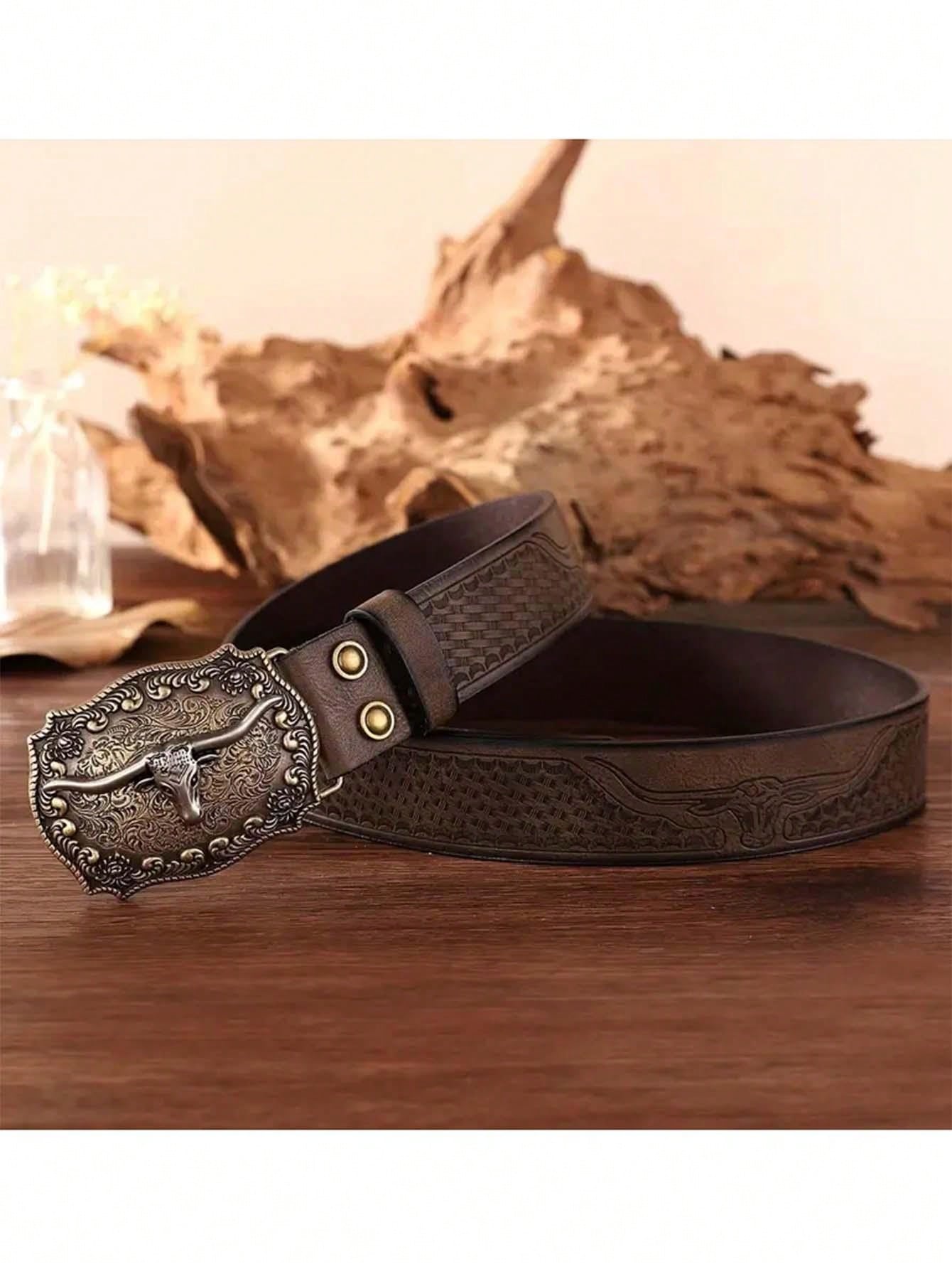 New Fashion Men Retro Faux Leather Buckle Animal Print Bohemian Style PU Belt, Versatile For 4 Seasons