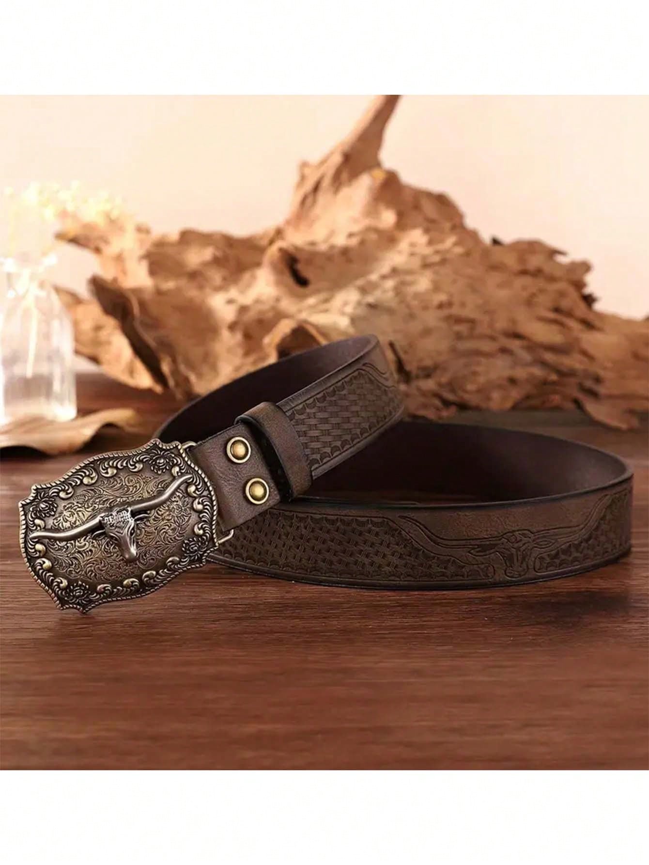 New Fashion Men Retro Faux Leather Buckle Animal Print Bohemian Style PU Belt, Versatile For 4 Seasons