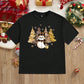 Manfinity Homme Men's Loose Casual Fun And Simple Gold Foil Snowflake Color Scarf With Small Snowman Print Black Dropped Shoulder T-Shirt.