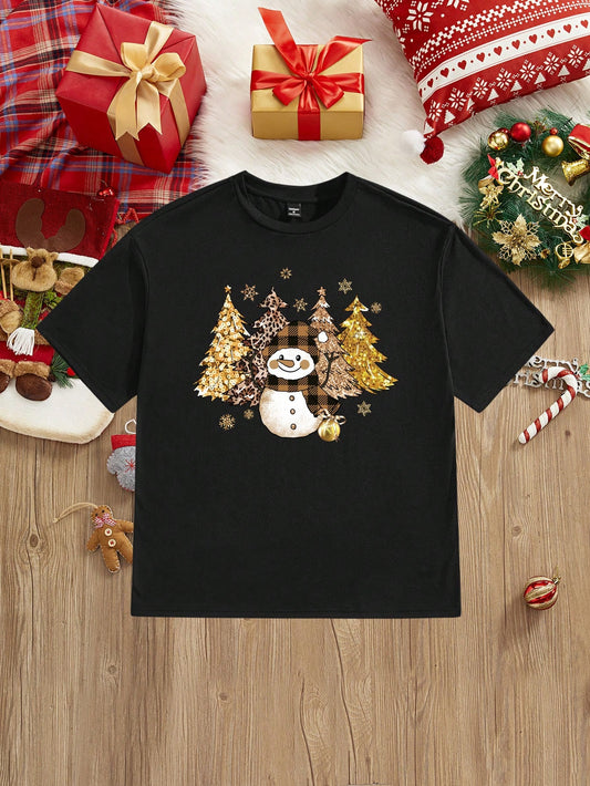 Manfinity Homme Men's Loose Casual Fun And Simple Gold Foil Snowflake Color Scarf With Small Snowman Print Black Dropped Shoulder T-Shirt.