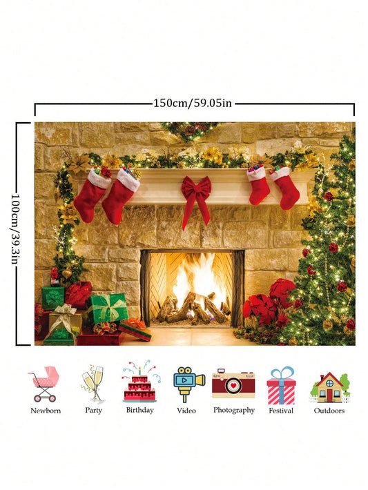 Christmas Fireplace Background Indoor Vintage Christmas Tree Stocking Photography Background Portrait Photo Booth Party Banner Decoration Photo Booth Props 59in*39in