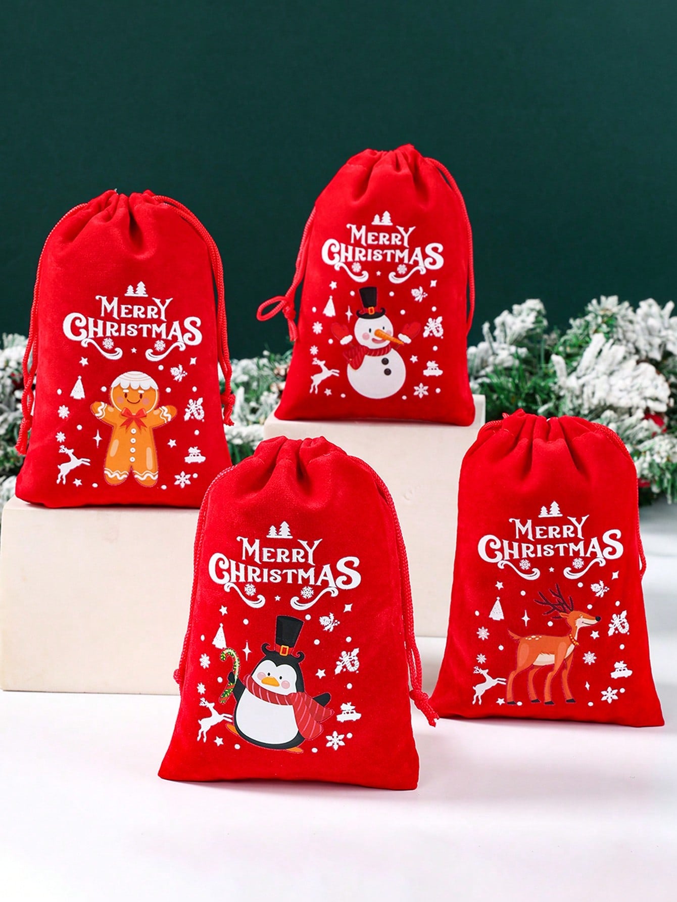 6Pcs Christmas Flannel Drawstring Gift Bags, Merry Christmas Bags Gift Candy Wrapping Bags Treat Sacks Reusable Red Gift Bags For Holiday Party Favors Christmas Decorations, Noel Navidad Christmas 2025 New Year's Wishing Bag Christmas Tree Pendant Decor