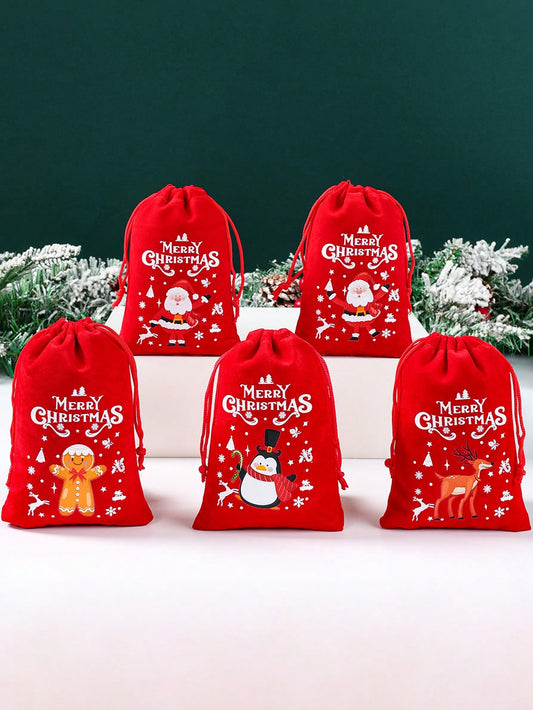 6Pcs Christmas Flannel Drawstring Gift Bags, Merry Christmas Bags Gift Candy Wrapping Bags Treat Sacks Reusable Red Gift Bags For Holiday Party Favors Christmas Decorations, Noel Navidad Christmas 2025 New Year's Wishing Bag Christmas Tree Pendant Decor