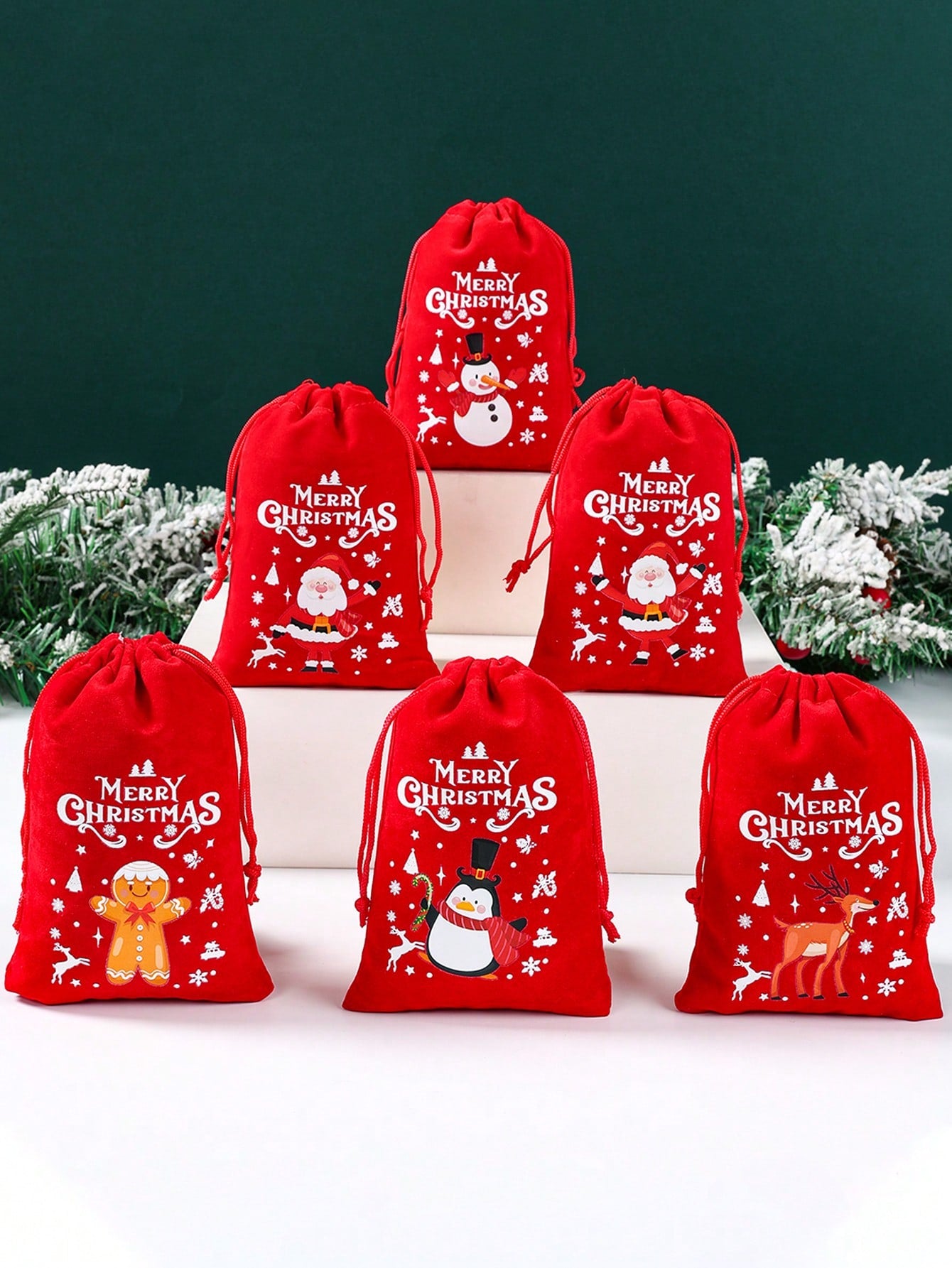 6Pcs Christmas Flannel Drawstring Gift Bags, Merry Christmas Bags Gift Candy Wrapping Bags Treat Sacks Reusable Red Gift Bags For Holiday Party Favors Christmas Decorations, Noel Navidad Christmas 2025 New Year's Wishing Bag Christmas Tree Pendant Decor