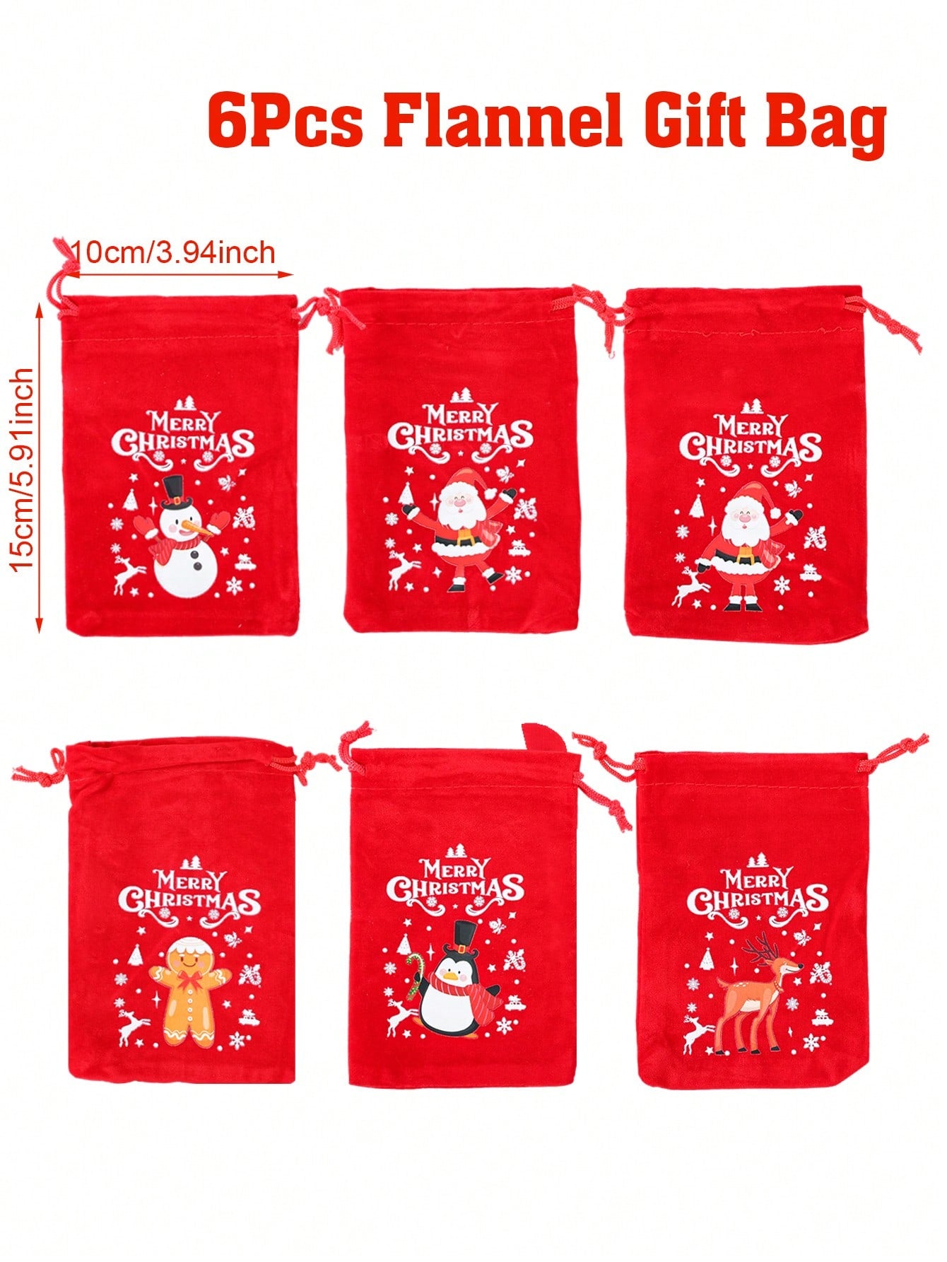 6Pcs Christmas Flannel Drawstring Gift Bags, Merry Christmas Bags Gift Candy Wrapping Bags Treat Sacks Reusable Red Gift Bags For Holiday Party Favors Christmas Decorations, Noel Navidad Christmas 2025 New Year's Wishing Bag Christmas Tree Pendant Decor