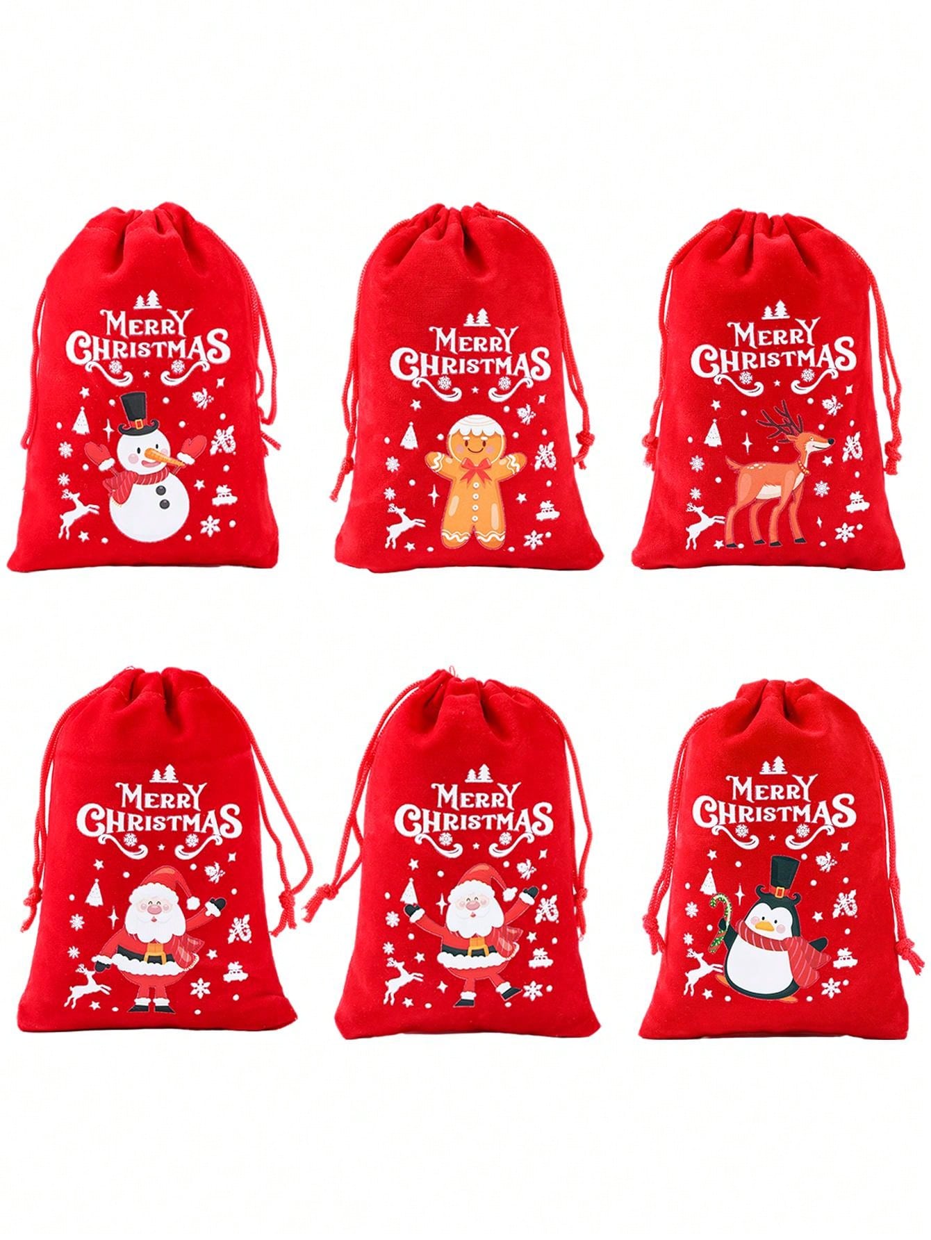 6Pcs Christmas Flannel Drawstring Gift Bags, Merry Christmas Bags Gift Candy Wrapping Bags Treat Sacks Reusable Red Gift Bags For Holiday Party Favors Christmas Decorations, Noel Navidad Christmas 2025 New Year's Wishing Bag Christmas Tree Pendant Decor