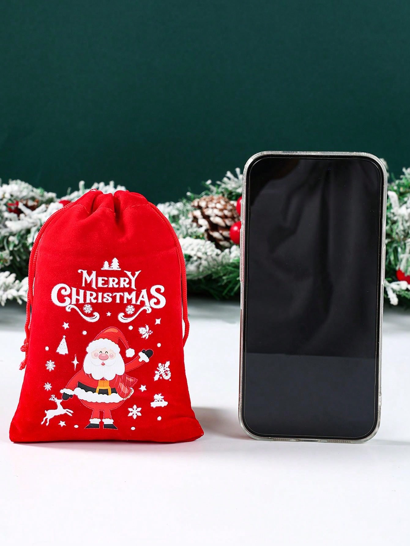 6Pcs Christmas Flannel Drawstring Gift Bags, Merry Christmas Bags Gift Candy Wrapping Bags Treat Sacks Reusable Red Gift Bags For Holiday Party Favors Christmas Decorations, Noel Navidad Christmas 2025 New Year's Wishing Bag Christmas Tree Pendant Decor