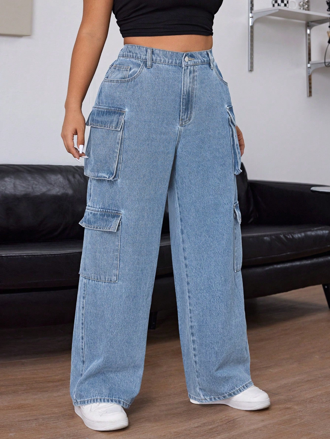 EZwear Plus Size Casual Washed Loose Wide Leg Cargo Jeans