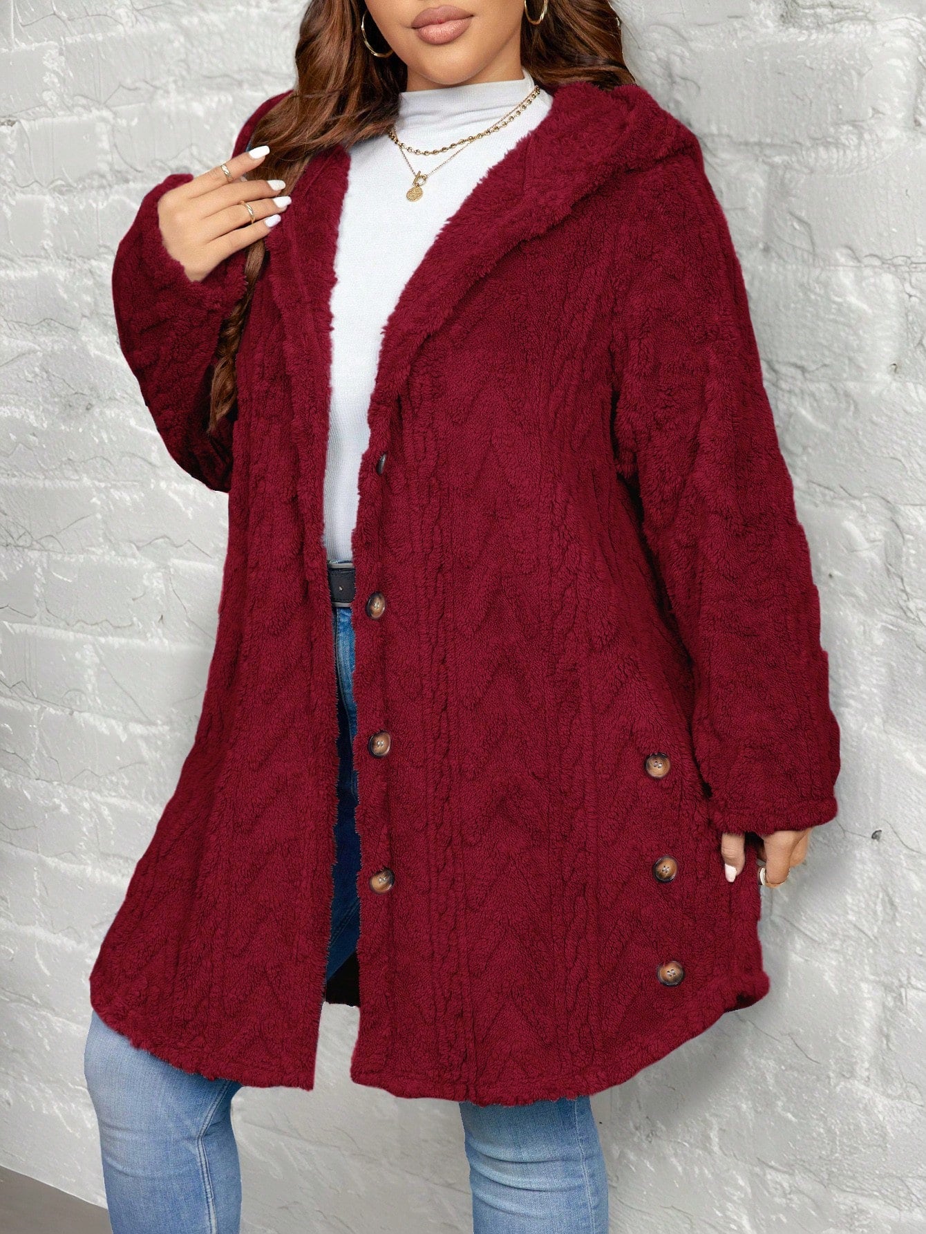 EMERY ROSE Textured Plush Warm Comfortable Button Decorated Hooded Plus Size Jacket Winter Clothes