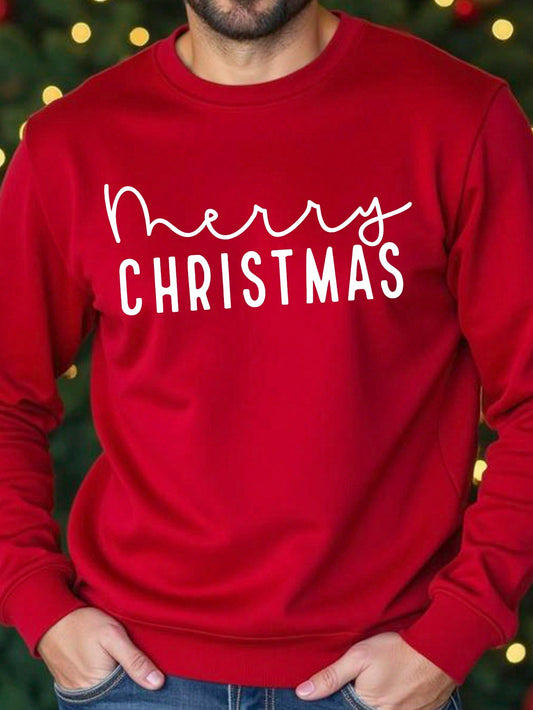 1pc Men Casual Merry Christmas Letter Print Graphic Fleece Crew Neck Sweatshirt, Suitable For Christmas Party, Autumn/Winter