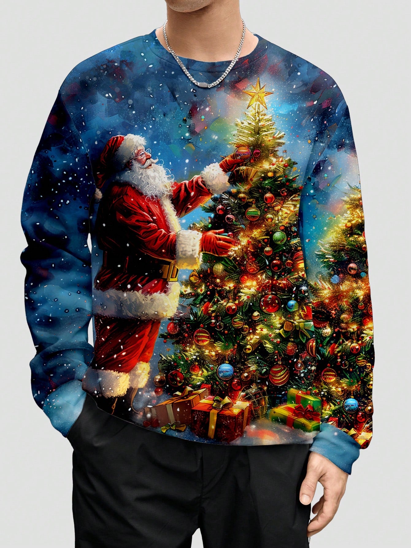 Manfinity Homme Christmas Casual Santa Claus And Christmas Tree Graphic Printed Men Close Fit Round Neck Sweatshirt With Fleece Lining