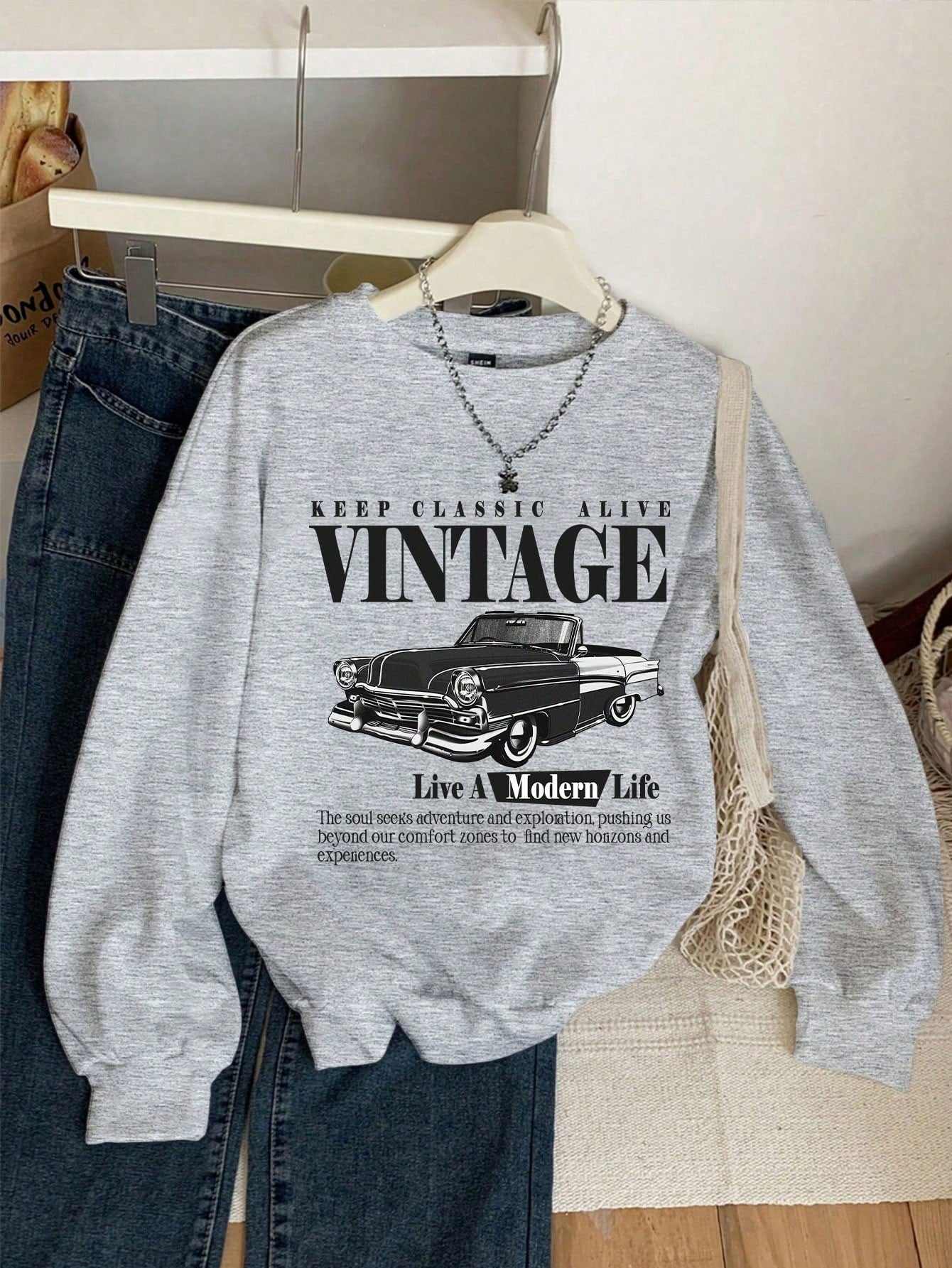 EZwear Vintage Car Print Hoodie Casual Loose Fit Sweatshirt For Women, Autumn Winter,Long Sleeve Tops