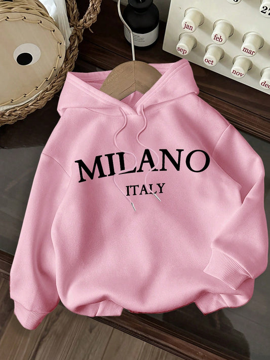 EZwear Casual Minimalist Milano Print Graphic White Hoodie Oversized Thermal Lined Warm Sweatshirt For Women, Suitable For Autumn/Winter