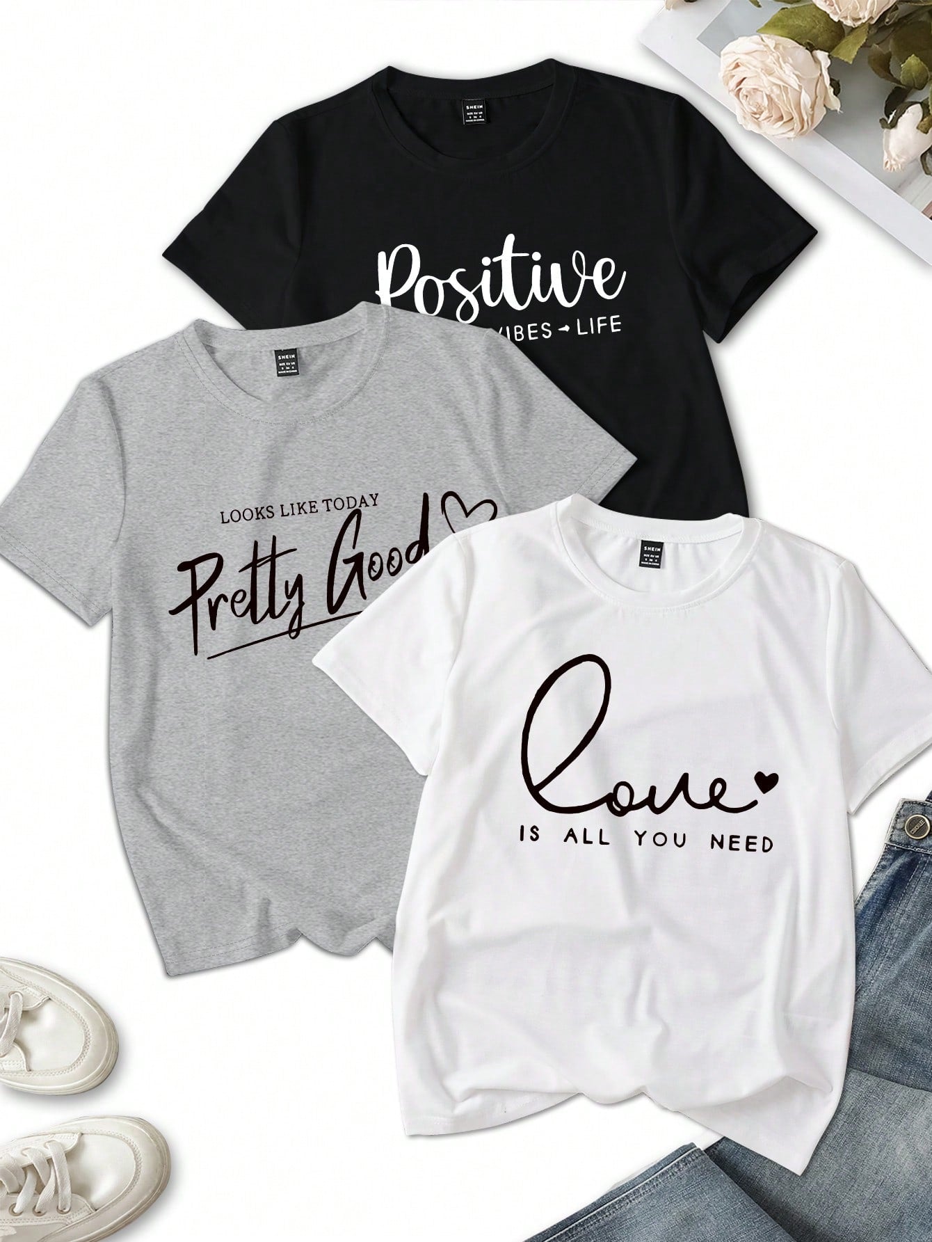 LUNE 3pcs Set Summer Casual English Letter And Heart Print T-Shirts, Short Sleeve Round Neck Graphic Tees Women Tops