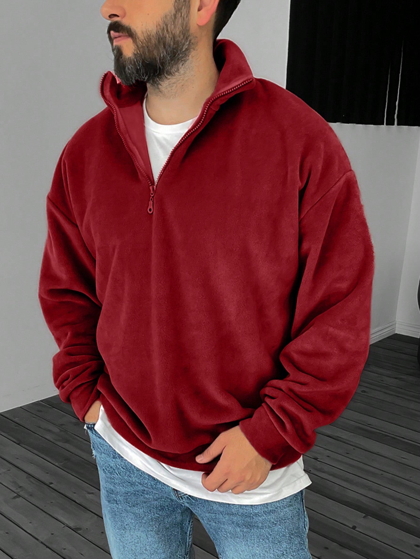 Men's Casual Stand Collar Half Zip Pullover Sweatshirt