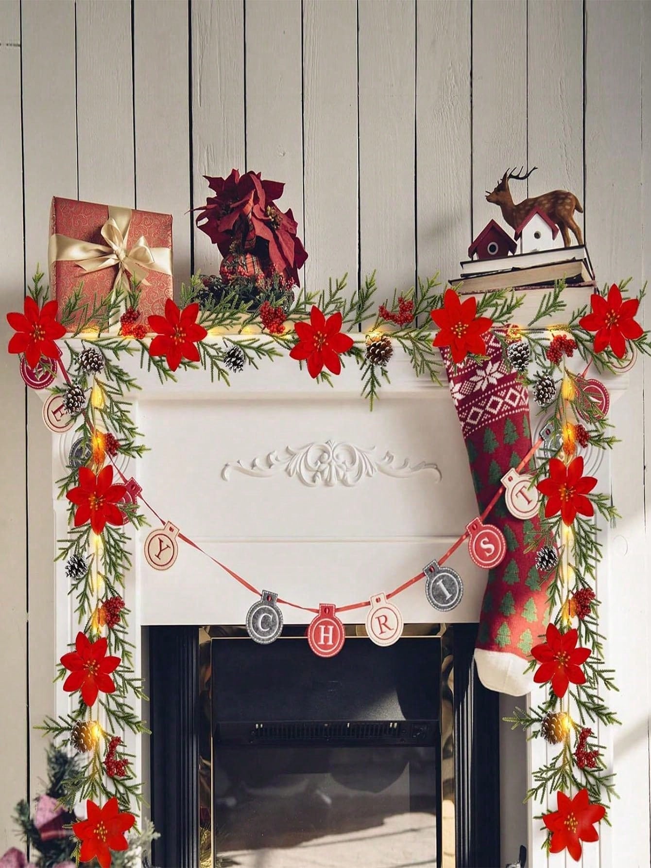 1pc 6.39 Ft Christmas Garland  Artificial Poinsettia Garland Christmas Garland Christmas Pine Garland For Winter Mantle Fireplace Stair Decor