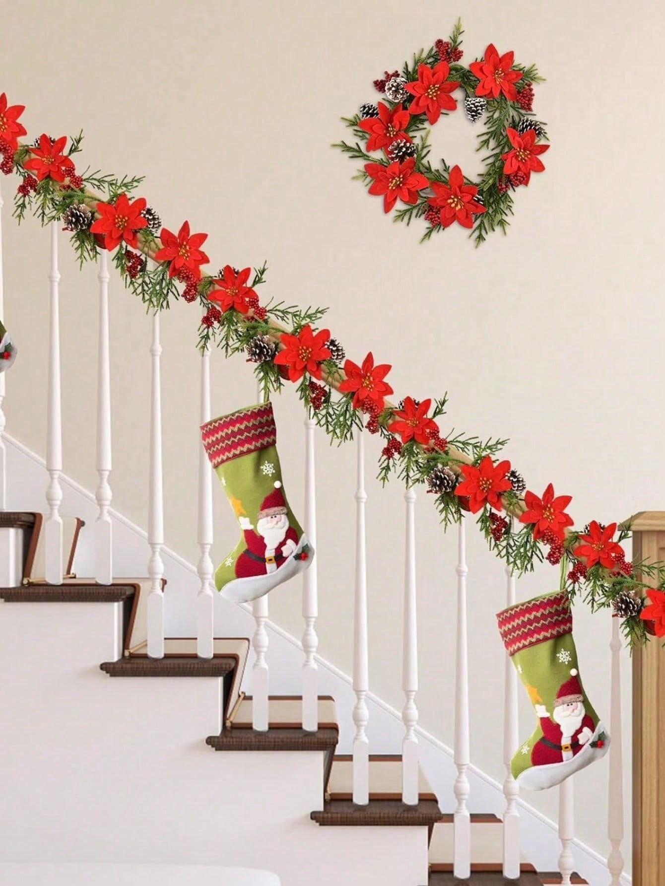 1pc 6.39 Ft Christmas Garland  Artificial Poinsettia Garland Christmas Garland Christmas Pine Garland For Winter Mantle Fireplace Stair Decor