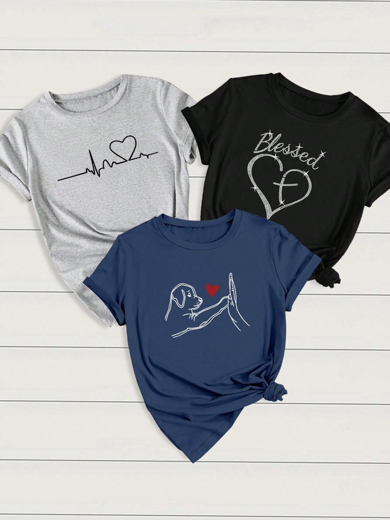 INAWLY  LUNE 3pcs/Set Women's Casual Outfit With Heart, ECG, And Letter Graphic Short Sleeve T-Shirt Graphic Tees Women Tops