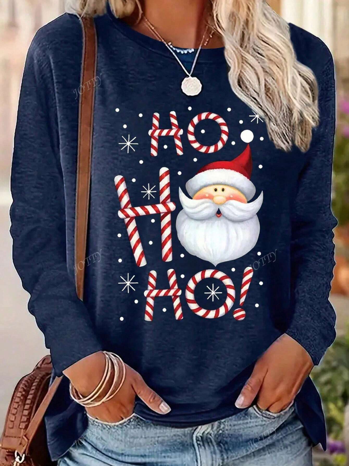 Santa Claus Slogan Print Round Neck Casual Long Sleeve T-Shirt