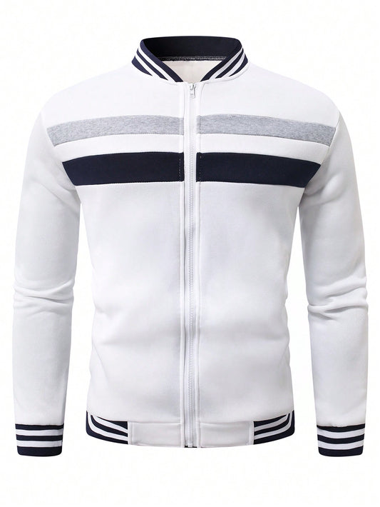 Manfinity Homme Men's White Colorblock Stripe Detail Zip-Up Baseball Collar Jacket