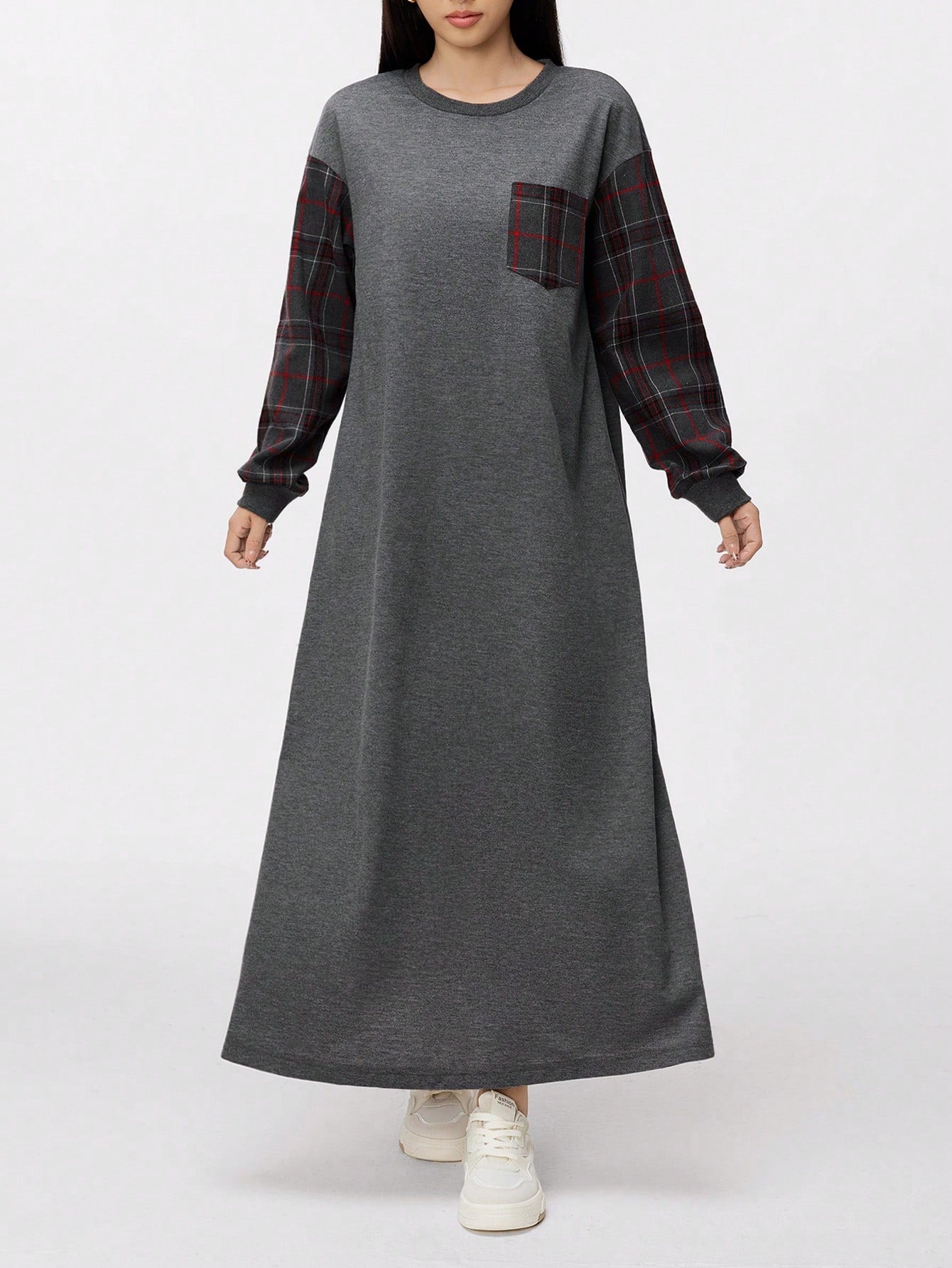 Mulvari Long Plaid Patchwork Round Neck Long Sleeve Pocket Casual Loose Pullover Sweatshirt