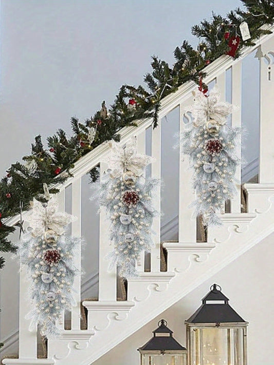 1Pc Christmas Garland, Front Door Wreath Silver Christmas Garland With Silver Leaves, Flowers, Ball Ornaments, Pine Cones And Berries For Door Stairs Mantle Christmas Decoration