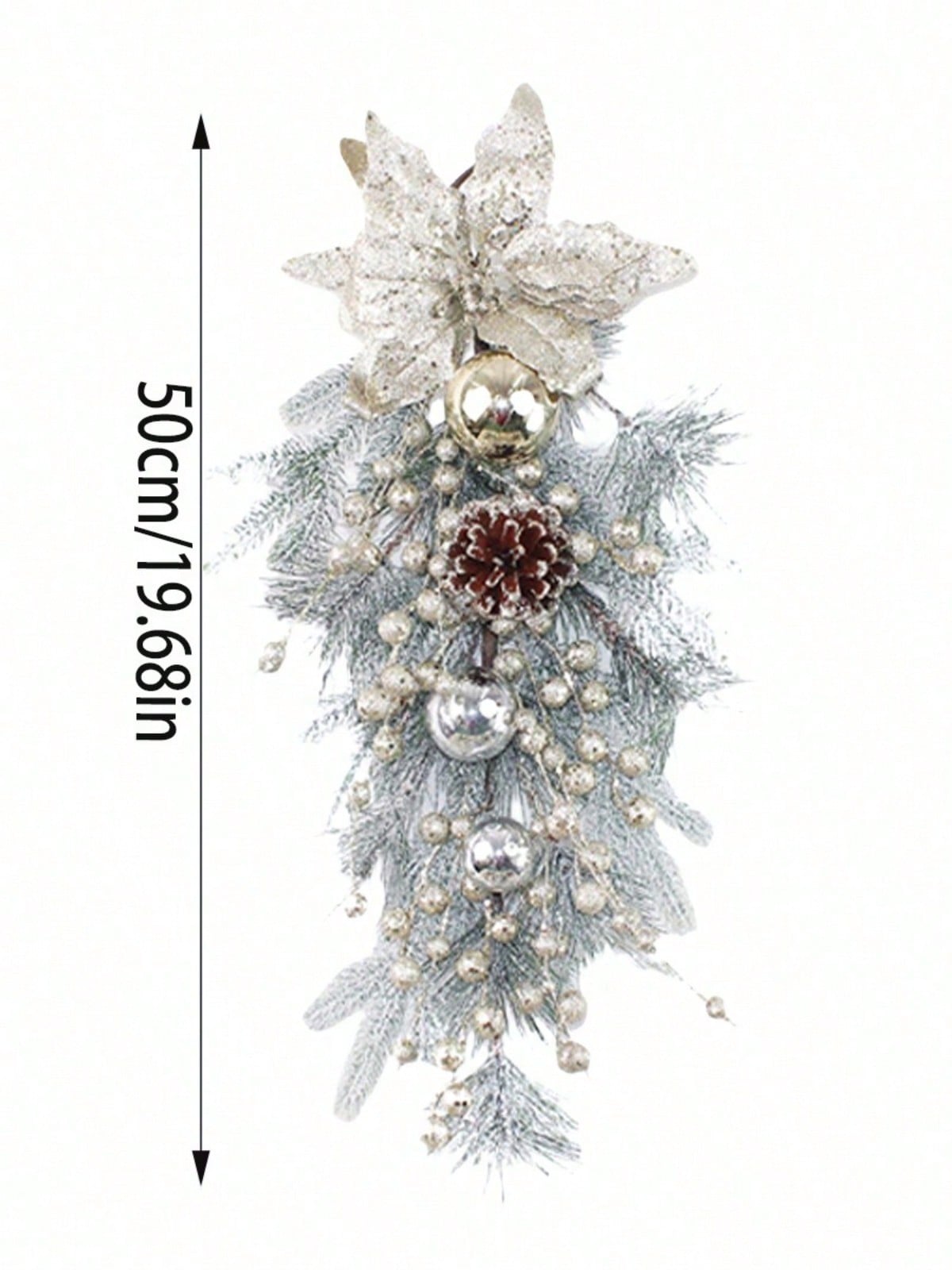 1Pc Christmas Garland, Front Door Wreath Silver Christmas Garland With Silver Leaves, Flowers, Ball Ornaments, Pine Cones And Berries For Door Stairs Mantle Christmas Decoration