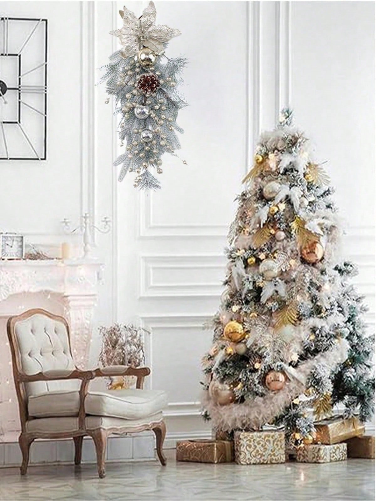 1Pc Christmas Garland, Front Door Wreath Silver Christmas Garland With Silver Leaves, Flowers, Ball Ornaments, Pine Cones And Berries For Door Stairs Mantle Christmas Decoration