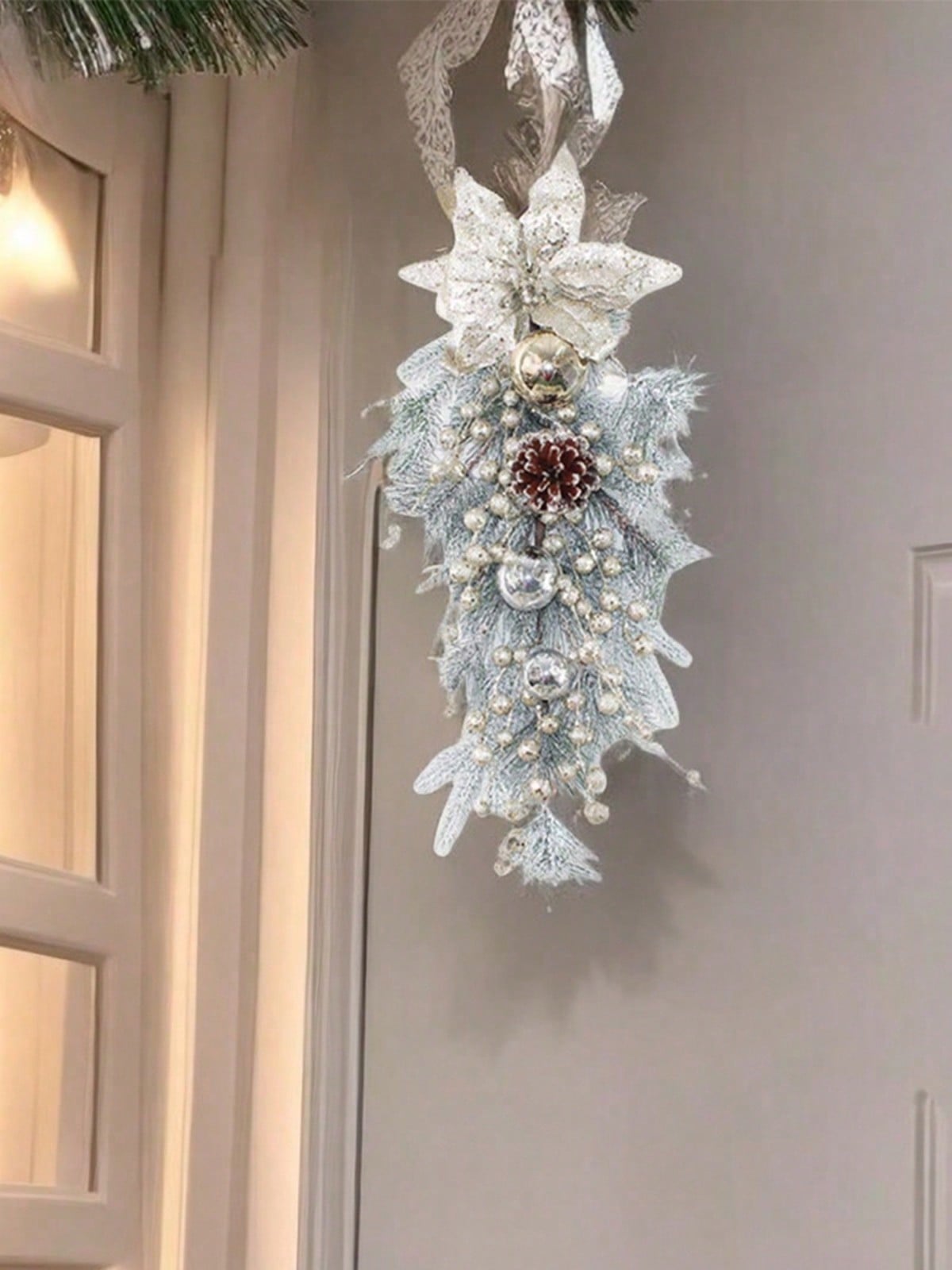 1Pc Christmas Garland, Front Door Wreath Silver Christmas Garland With Silver Leaves, Flowers, Ball Ornaments, Pine Cones And Berries For Door Stairs Mantle Christmas Decoration