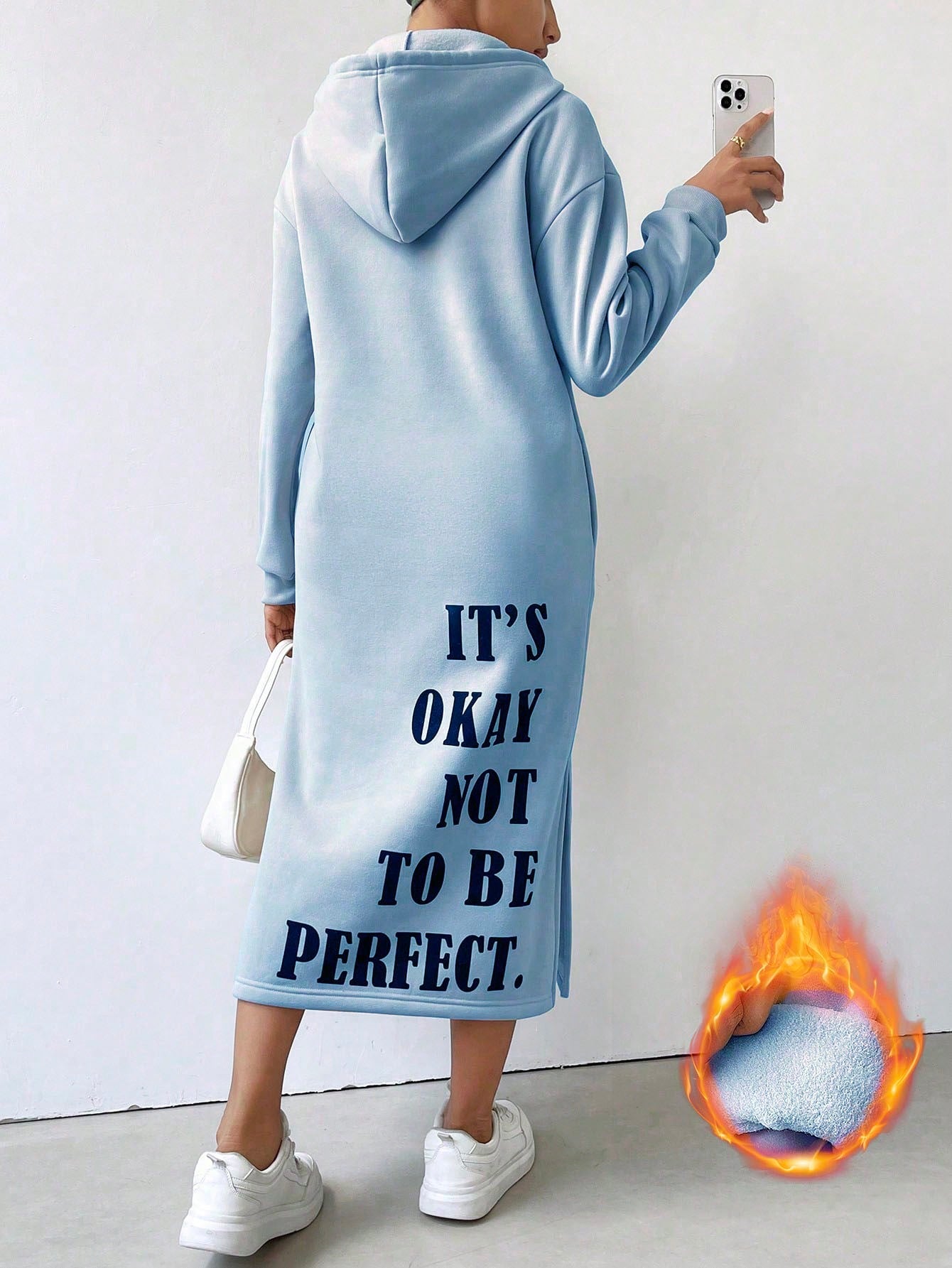 Essnce Slogan Graphic Drop Shoulder Hooded Sweatshirt Dress IT'S OKAY NOT TO BE PERFECT,Long Sleeve Tops