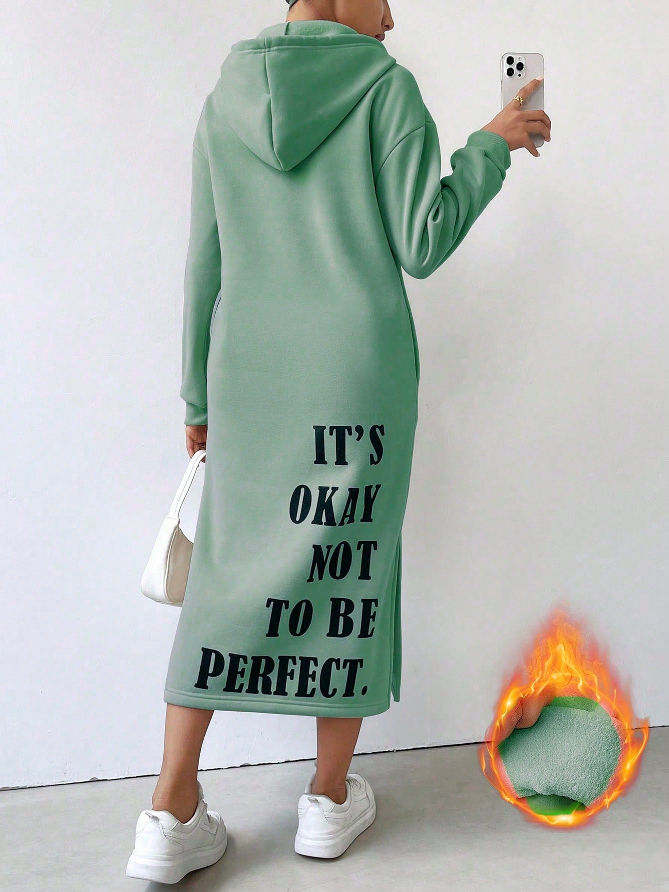 Essnce Slogan Graphic Drop Shoulder Hooded Sweatshirt Dress IT'S OKAY NOT TO BE PERFECT,Long Sleeve Tops