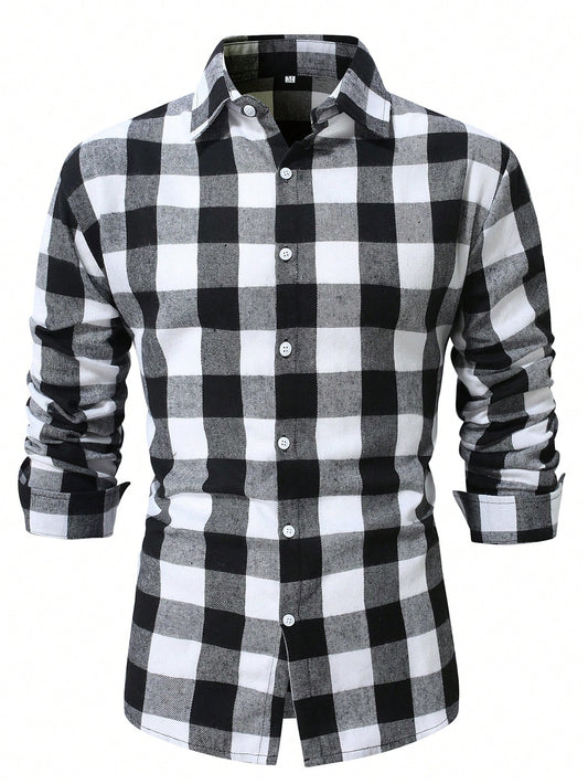 Men's Long Sleeve Brushed Plaid Shirt, Black