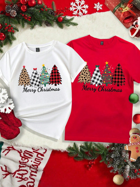 Manfinity Homme Fashionable Casual Christmas Tree Print Short Sleeve Tight Fit Crew Neck T-Shirt For Men