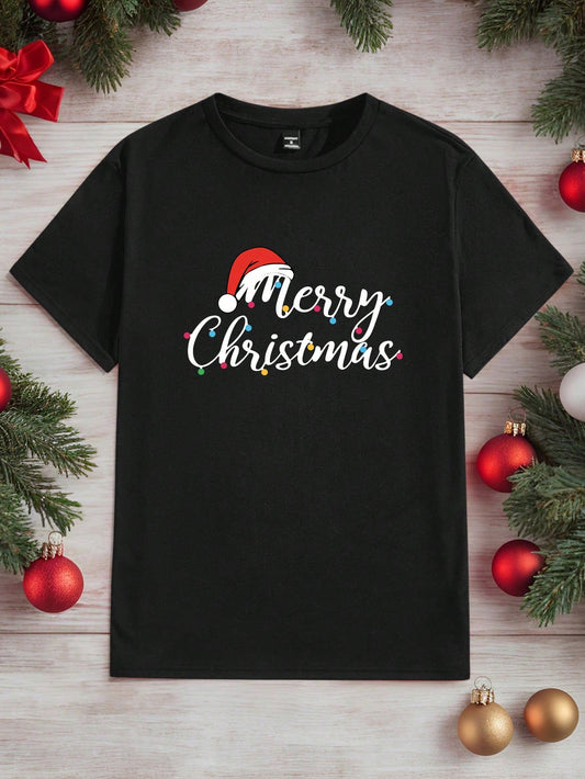 Manfinity Hypemode Black Knit Men's Casual Round Neck Short Sleeve T-Shirt With Christmas Slogan Print