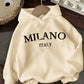 EZwear Casual Minimalist Milano Print Graphic White Hoodie Oversized Thermal Lined Warm Sweatshirt For Women, Suitable For Autumn/Winter