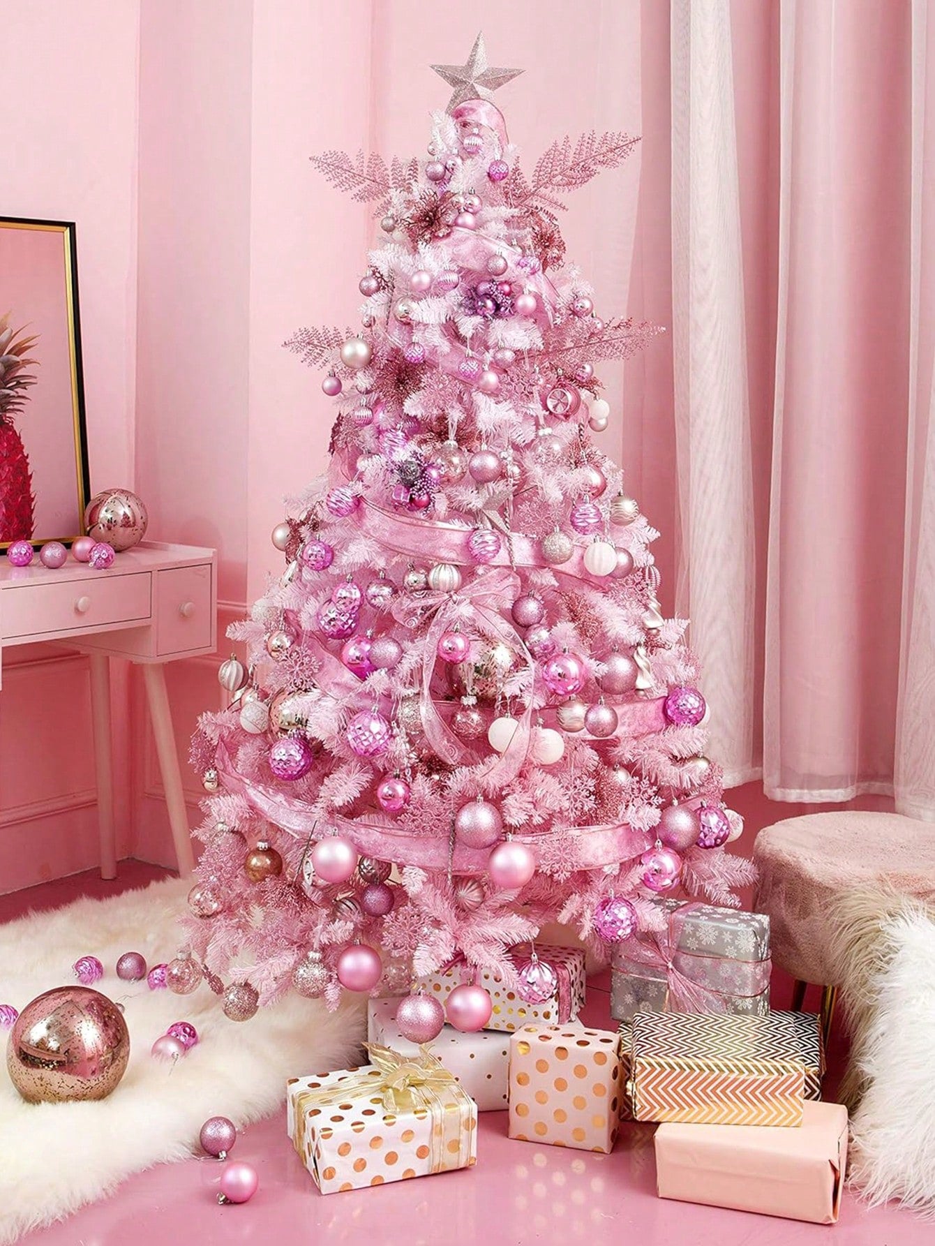 44pcs-Christmas Ball Ornaments Pink And White Christmas Ornaments Set And Christmas Flower For Christmas Tree Decoration Shatterproof Christmas Hanging Balls For Xmas Halloween Party Home Decor,Christmas