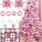 44pcs-Christmas Ball Ornaments Pink And White Christmas Ornaments Set And Christmas Flower For Christmas Tree Decoration Shatterproof Christmas Hanging Balls For Xmas Halloween Party Home Decor,Christmas