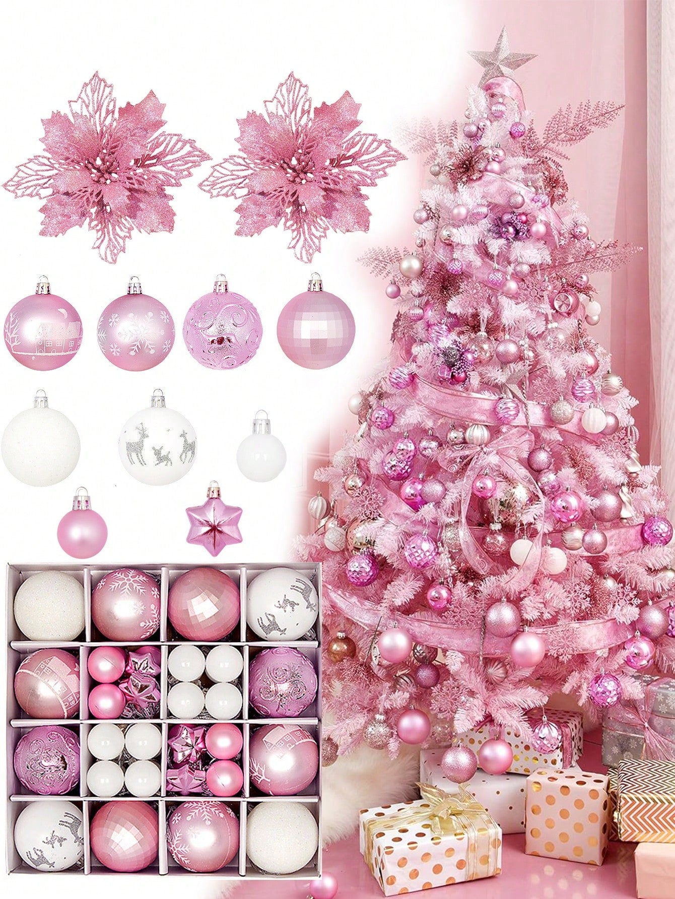 44pcs-Christmas Ball Ornaments Pink And White Christmas Ornaments Set And Christmas Flower For Christmas Tree Decoration Shatterproof Christmas Hanging Balls For Xmas Halloween Party Home Decor,Christmas