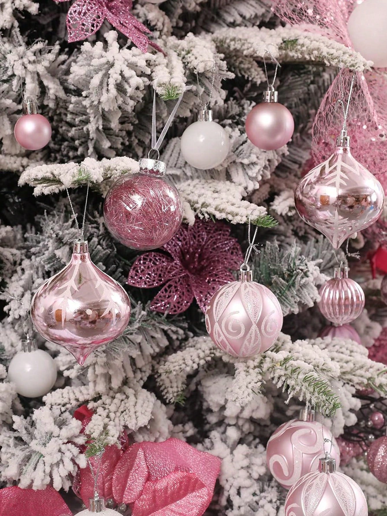 44pcs-Christmas Ball Ornaments Pink And White Christmas Ornaments Set And Christmas Flower For Christmas Tree Decoration Shatterproof Christmas Hanging Balls For Xmas Halloween Party Home Decor,Christmas